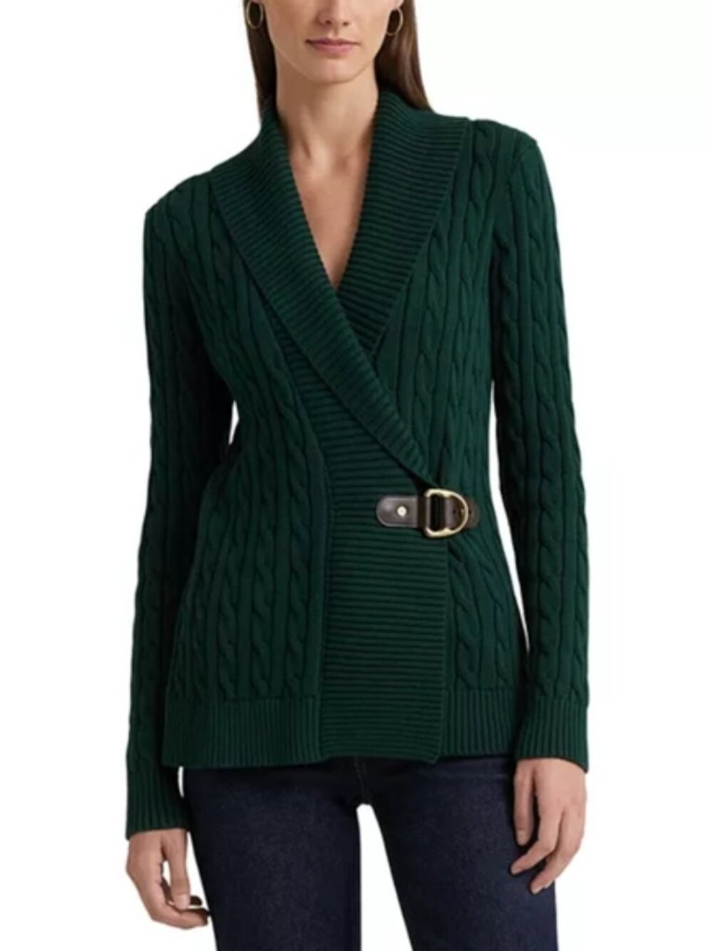 Lauren Ralph Lauren Black Label Buckle-Trim Cotton Cable Knit Sweater Green